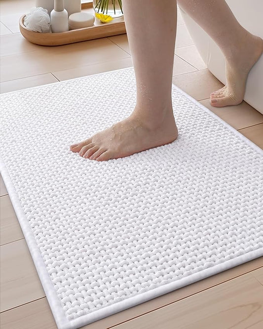 Color&Geometry Chenille Pile Small Bathroom Rugs Upgraded Denser, 16"x24" Non Slip Absorbent White Bath Mats for Bathroom Thin Fit Under Door, Washable Quick Dry