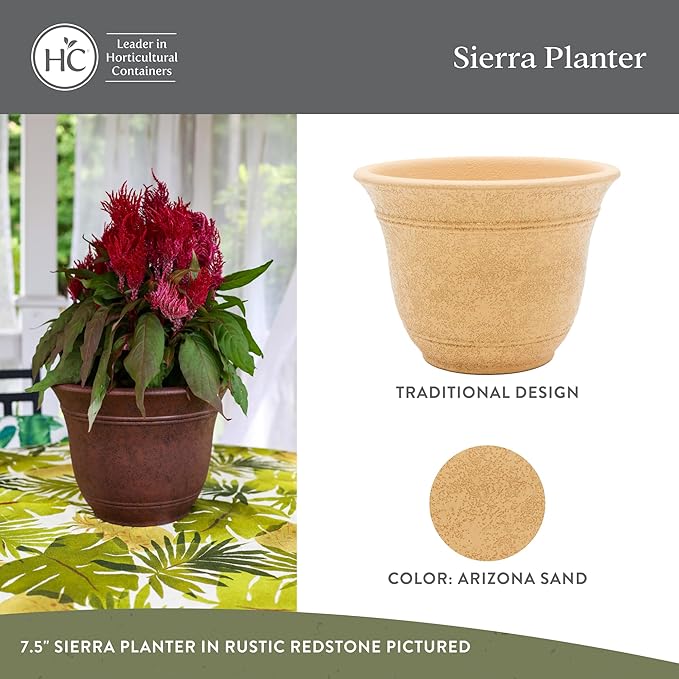 The HC Companies Sierra Round Self-Watering Pot - Lightweight Plastic Planter for Herbs & More - Durable Plant Pots for Indoor Plants & Outdoor Plants (7.5” Arizona Sand, Pack of 2)