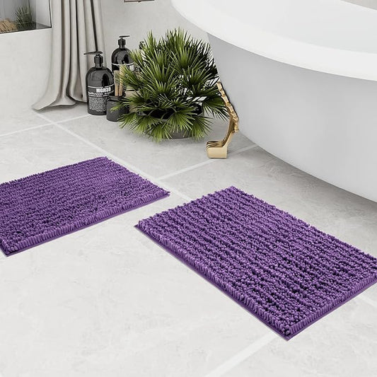 Walensee Bathroom Rug 2 Pieces Set Non Slip Bath Mat (17x24 Plus 20x32 Inch Lavender) Water Absorbent Super Soft Shaggy Chenille Machine Washable Dry Extra Thick Perfect Carpet for Shower Floor