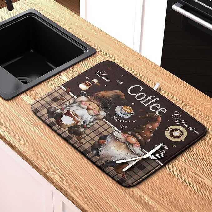 Coffee Gnomes Kitchen Dish Drying Mat for Dishes 16x18 Inch,Coffee Maker Mats for Tabletop,Brown Buffalo Plaid Mocha Coffee Cup Dishes Drainer Mats Super Absorbent Dish Rack Pad for Bar Sinks Counter