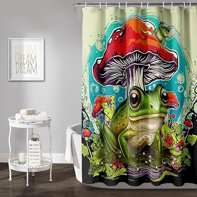 AILONEN Frog Mushroom Shower Curtain,Green Frog Waterproof Fabric Bath Curtain for Kids Girls Boys,Cartoon Animal Wildlife Red Mushroom Shower Curtain Set for Bathroom with Hooks,72" W*84" H