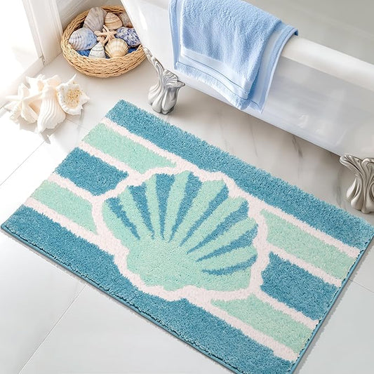 Blue Beach Bathroom Rugs Non Slip Washable Small Cute Coastal Bath Mats Rugs for Bathroom Floor Nautical Fluffy Plush Soft Absorbent Farmhouse Carpet for Shower, Tub, 20x32 inch
