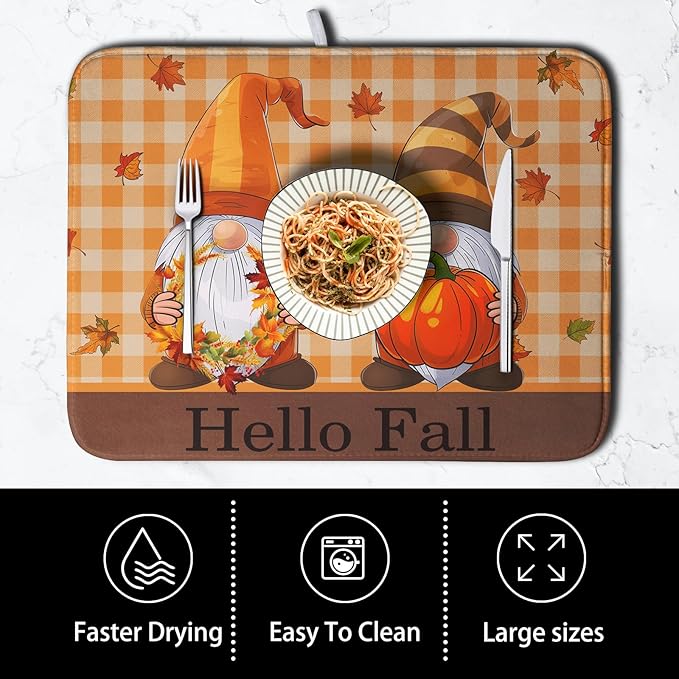 Hello Fall Autumn Gnomes Dish Drying Mat 18x24 Thanksgiving Pumpkin Maple Leaves Harvest Kitchen Drying Mat Orange White Buffalo Plaid Dish Drainer Mat Ultra Absorbent Dish Rack Pad for Coffee Bar