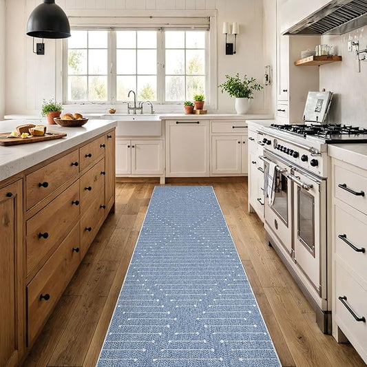 LIVEBOX Blue Runner Rug for Kitchen, 2'x8' Boho Washable Rug Runner for Hallway,Moroccan Cotton Long Entryway Area Rug Indoor Carpet for Bedroom Laundry Doorway Entry