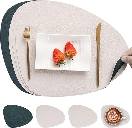 Myir JUN Placemats, Dual-Sided Placemats Waterproof Faux Leather Placemats Set of 4 Place Mats and Coasters Non-Slip Washable Table Mats for Dining Table (Beige Green, Set of 4)