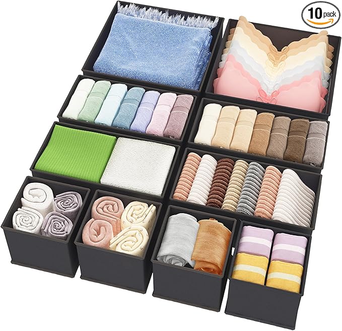 Fixwal 10 Pack Underwear Drawer Organizer for Nursery, Bedroom, Closet - Storage for Baby Clothes, Socks, Bra, Scarves, Ties (Grey)