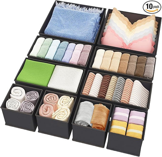 Fixwal 10 Pack Underwear Drawer Organizer for Nursery, Bedroom, Closet - Storage for Baby Clothes, Socks, Bra, Scarves, Ties (Grey)