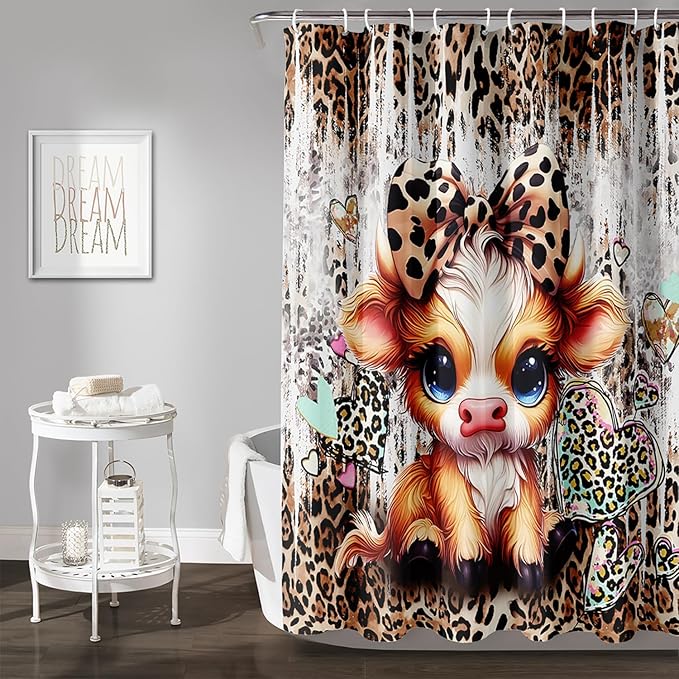 AILONEN Cartoon Yak Shower Curtain Set, Kids Leopard Print Love Yak Waterproof Fabric Shower Curtain for Bathroom Decor,Bow Tie Yak Cloth Bath Curtain Set with Plastic Hooks,72" Wx96 H