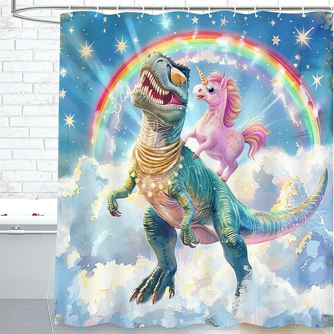 Dinosaur Shower Curtain for Bathroom, Dino Shower Curtain for Kids Boy,Funny Cartoon Dinosaur Polyester Shower Curtain Waterproof Washable Durable 12 Hooks 72"x72" Dinosaur Decor