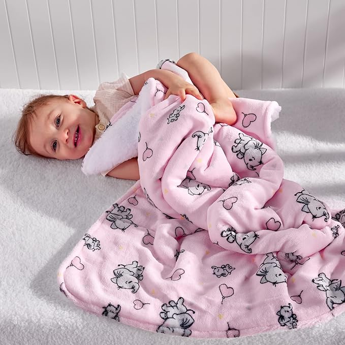 DaysU Plush Flannel Sherpa Baby Blanket for Girls Boys, Portable Reversible Soft Micro Fleece Baby Crib Throw Blanket with Animal Print for Newborn and Nursery, Elephant, 30"x40"