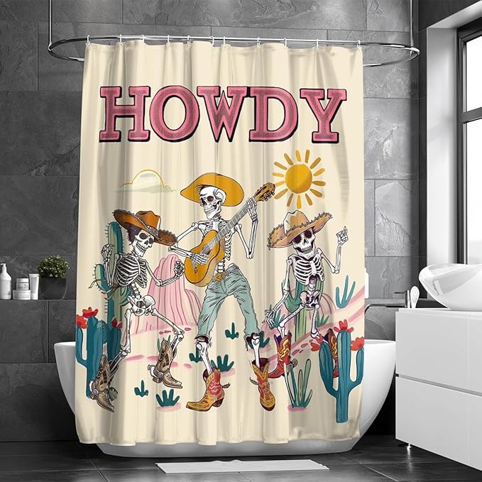 Funny Gothic Skull Shower Curtain Western Skeleton Shower Curtains for Bathroom Decor Waterproof Polyester Fabric Country Mountain Cactus Bathroom Curtain with Hooks 55x72 Inch