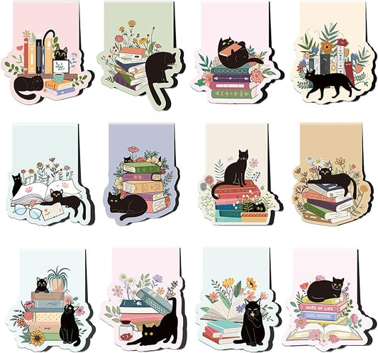 Black Cat Magnetic Bookmarks: 12 Pcs Cute Cat Magnet Book Page Markers, Pretty Flower Animal Book Mark Clips for Reading, Gifts for Kids Women Students Book Lovers Office School Supplies