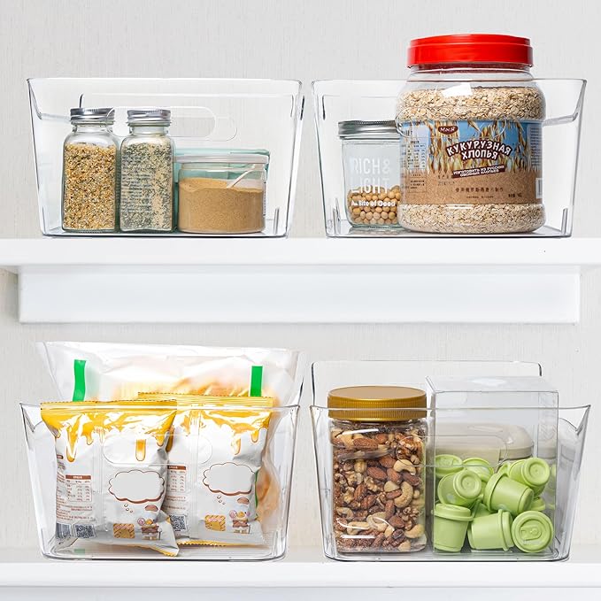 Tiawudi 4 Pack Plastic Storage Bins, X-Large Pantry Organizer, Clear Storage Containers and Organizer Bins, Multi-Use Bins for Home, Kitchen and Cabinet