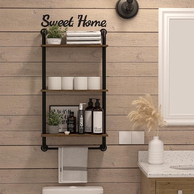 Bathroom Shelves Wall Mounted, 3-Tier Rustic Wood Wall Shelf, 17.3 inch Industrial Pipe Floating Bathroom Shelf,Brown