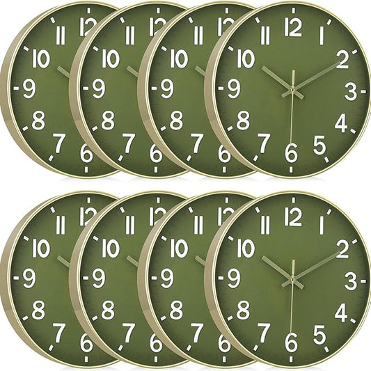 Inbagi 8 Pcs Wall Clock Large Silent Battery Operated Wall Clocks Modern Non Ticking Wall Clocks Bulk Decorative for Kitchen Office Living Room Home Bathroom Bedroom Classroom (Green,12 Inch)