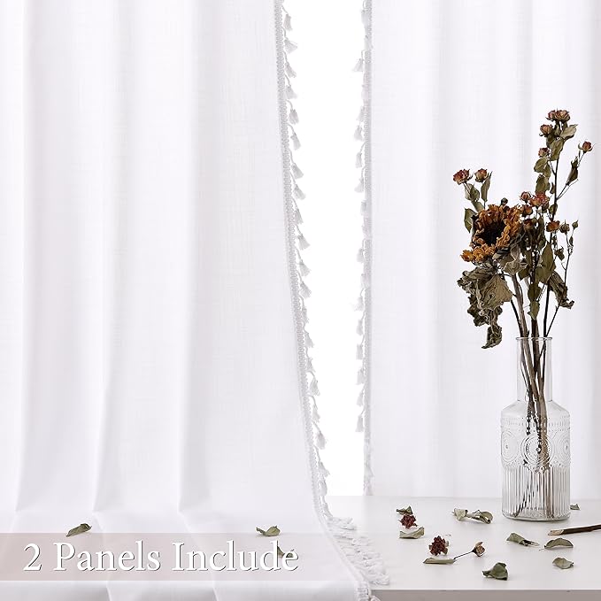 White Linen Boho Curtains 2 Panels 84 Inches Long Semi Sheer Privacy Curtains Tassel Back Tab Top Light Filtering Neutral Farmhouse Curtain for Living Room Bedroom 52x84