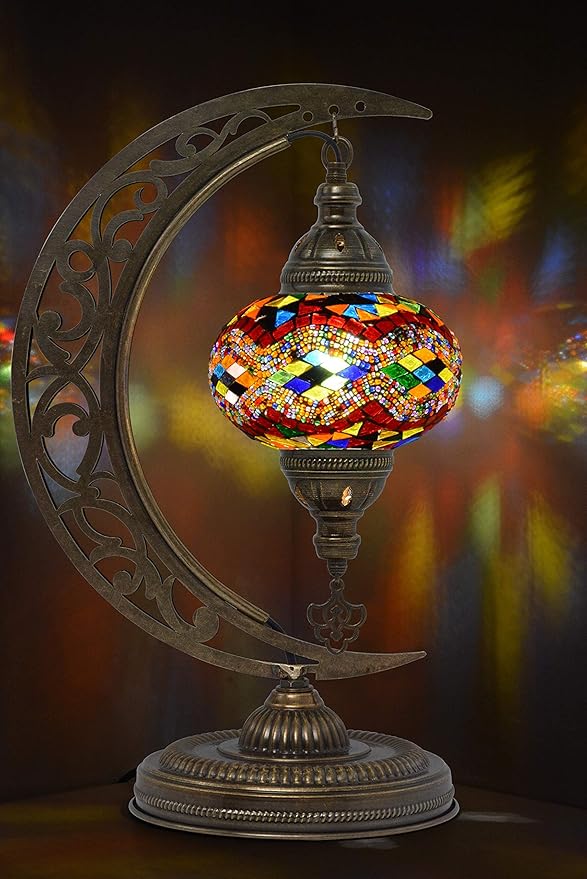 mozaist Unique Moon Shaped Mosaic Table Lamp - Moroccan Handmade Antique Bohemian Vintage Tiffany Stained Glass Lamp with US Plug and E12 Socket
