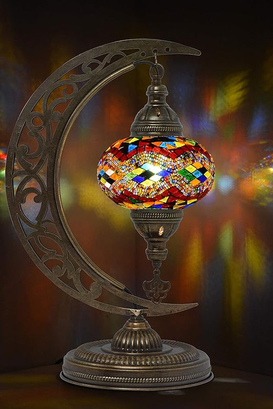 mozaist Unique Moon Shaped Mosaic Table Lamp - Moroccan Handmade Antique Bohemian Vintage Tiffany Stained Glass Lamp with US Plug and E12 Socket