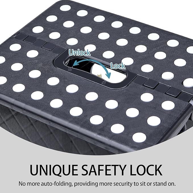 Folding Step Stool with Safety Lock, 11 Inch Pastic Foldable Stool for Adults & Kids, Portable Stepping Stool for Bathroom, Kitchen, with Anti-Skid Dots, Hold Up to 250lbs (Black, 11 Inch)