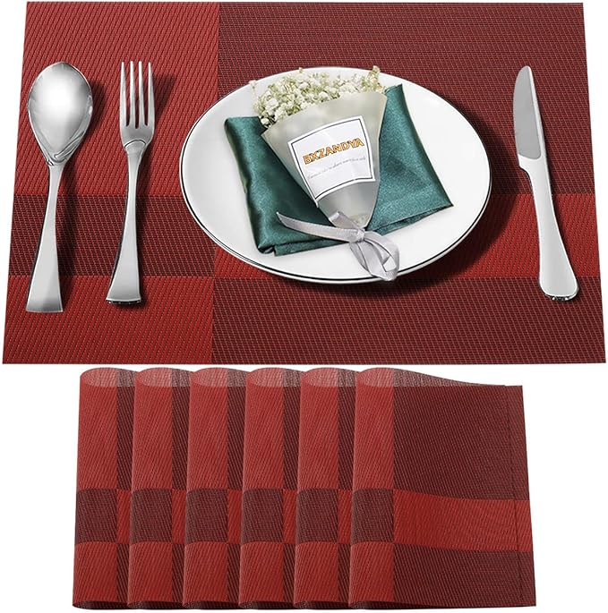 Placemats Set of 6,Washable,Heat and Stain Resistant Indoor/Outdoor Place mats, Vinyl Woven Non Slip Table Mats for Restaurant Table Protection, PVC Table Placemats.(red, 6PCS)