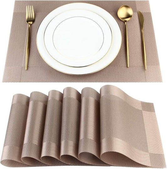 DACHUI Placemats Set of 6, Stylish Woven Place Mats for Dining Table, Washable & Durable PVC Table Mats (Champagne)