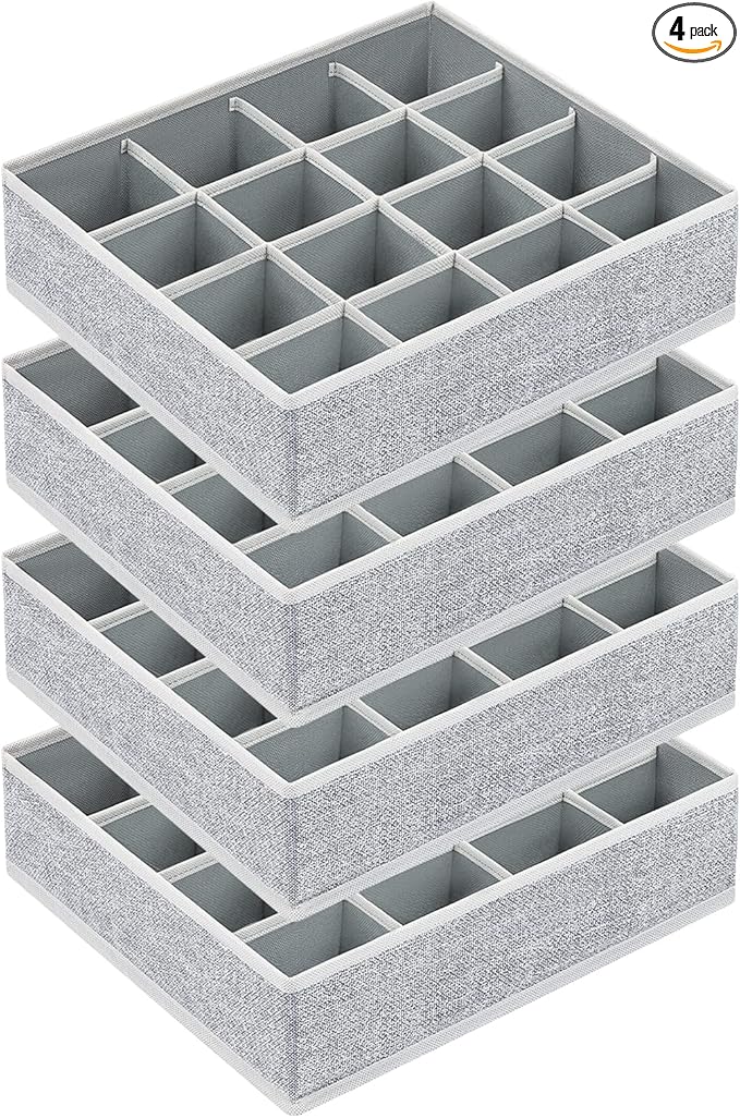 Joyoldelf Sock Drawer Organizer Divider Underwear Organizer 16-cell Fabric Dresser Drawer Organizers Storage Boxes for Socks Lingerie, Handkerchiefs, Ties 4 Pack (Blended-Grey)