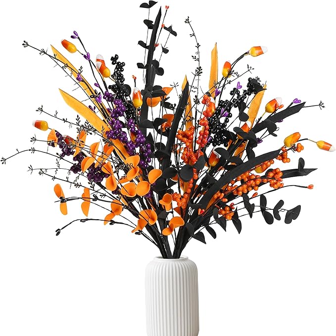 Sggvecsy 6 Pcs Artificial Halloween Stem with Berries Teeth Black Orange Leaves Faux Picks Decorative Twigs for Flower Arrangemant Table Centerpiece Halloween DIY Crafts Festival Home Decoration