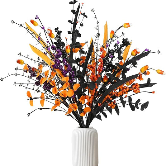 Sggvecsy 6 Pcs Artificial Halloween Stem with Berries Teeth Black Orange Leaves Faux Picks Decorative Twigs for Flower Arrangemant Table Centerpiece Halloween DIY Crafts Festival Home Decoration