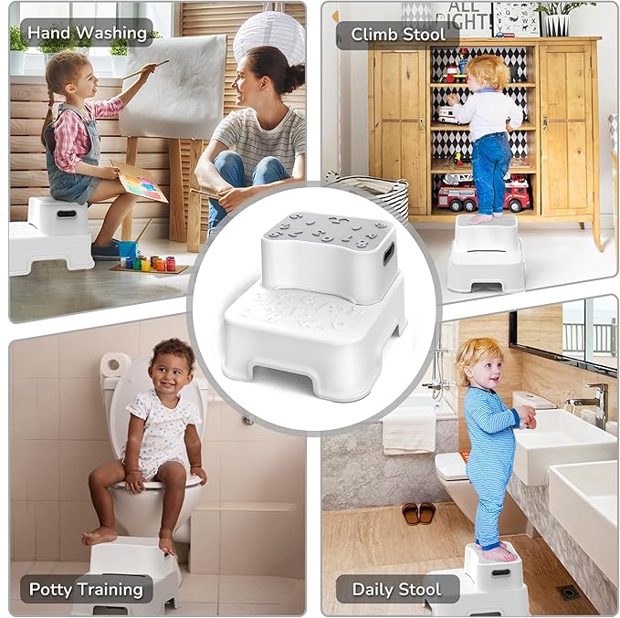 Step Stool for Kids, Anti-Slip Sturdy Toddler Two Step Stool for Bathroom, Kitchen and Toilet Potty Training (White)