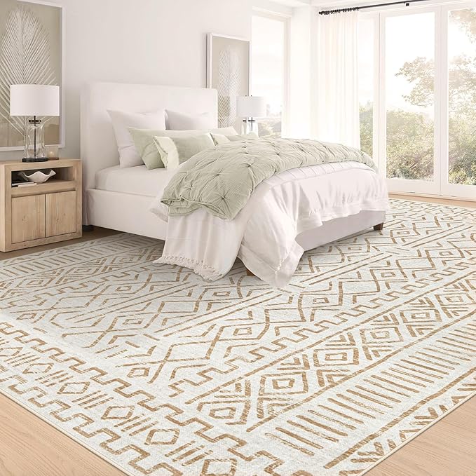 8x10 Area Rug Living Room: Washable Boho Geometric Moroccan Rug Neutral Modern Farmhouse Indoor Soft Non Slip Ultra Thin Large Printed Pattern Carpet for Bedroom Home Office (BeigeBrown, 8'x10')