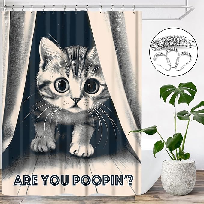 Funny Cat Shower Curtain Cute Animal Shower Curtains for Bathroom Decor are You Poopin' Humorous Joke Waterproof Polyester Fabric Bathroom Curtain with Hooks 55x72 Inch