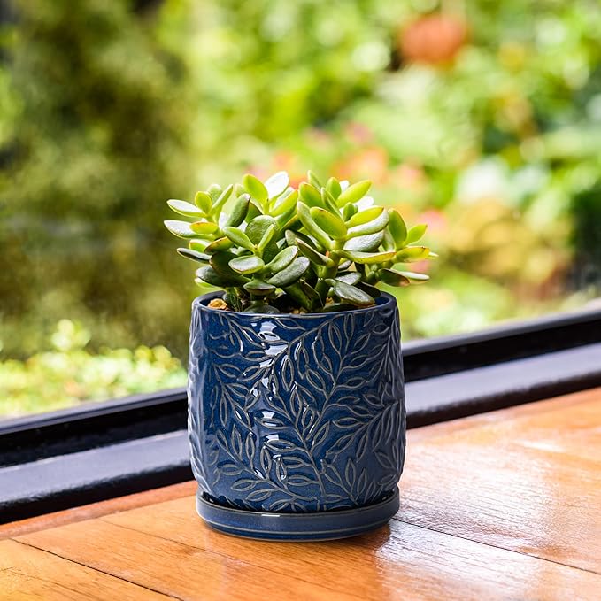 D'vine Dev 4 Inch Embossed Leaves Stoneware Planter Pot with Drainage Hole and Saucer, Midnight Blue, 27-A-Z-3
