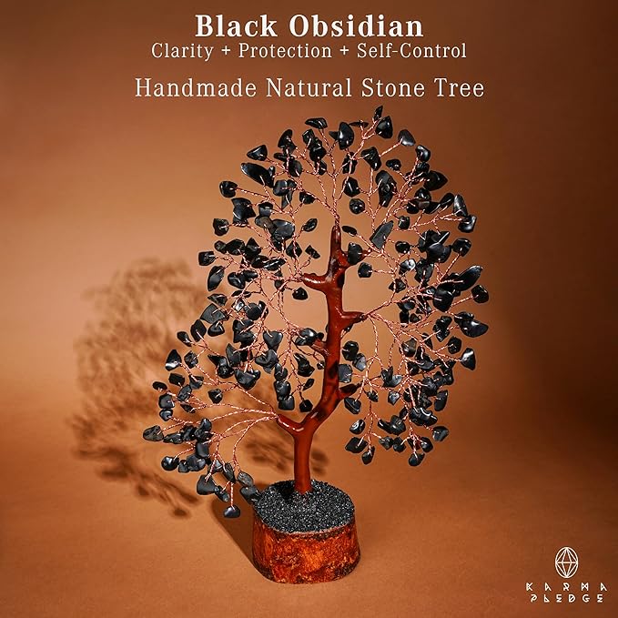 Black Obsidian Healing Crystal Tree Spiritual Gifts for Women, Handmade Home & Office Decor, Chakra Tree of Life Bring Positive Energy, Good Luck, Money, Yoga, Reiki Healing, for Dad