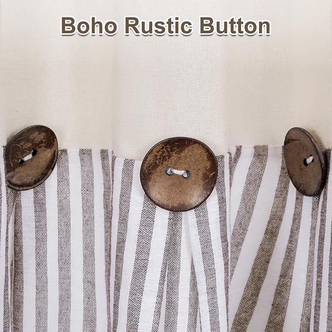 ASPMIZ Cotton Linen Farmhouse Curtains Boho Rustic Button Panel, Country Window Curtain Panels, Brown Stripe Modern Curtains for Living Room, Back Tab & Rod Pocket Curtain 52 x 63 Inch, 2 Panels