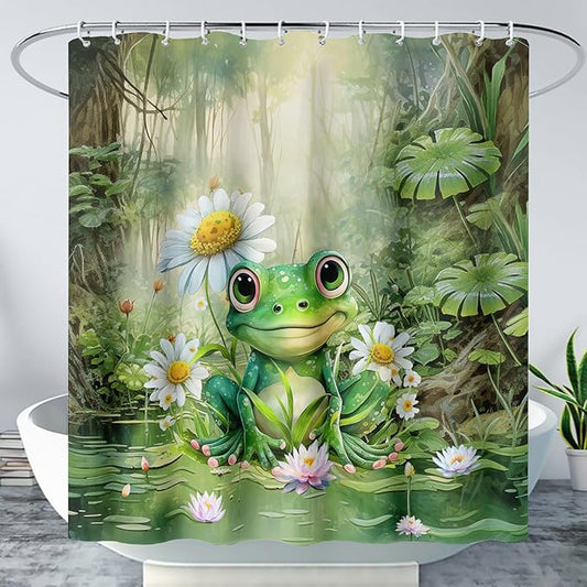 AILONEN Cartoon Frog Shower Curtain,Green Frog with Daisy Bath Curtain Set for Kids Boys Girls,Tropical Amphibian Waterproof Fabric Shower Curtain,Nature Shower Curtain for Bathroom,48" W*72" H