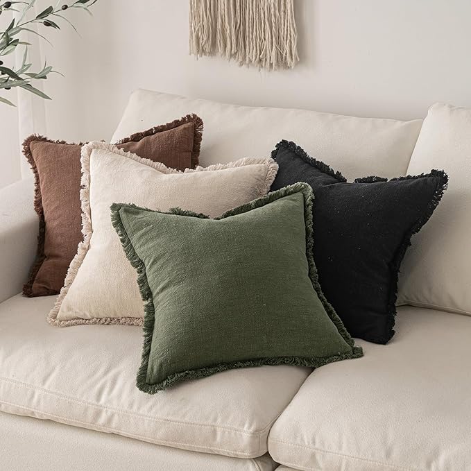 MIULEE Decorative Throw Pillow Covers Neutral Linen Fringe Throw Pillows Set of 2 Black Boho Farmhouse Cushion Covers with Tassels for Couch Sofa Bed Living Room Spring Home Decor 16x16 Inch