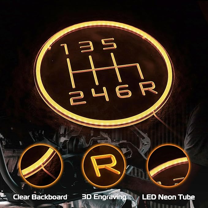 Kavaas Gear Shift Neon Sign, 3D Engraved Manual Transmission Lever Neon Sign for Garage Decor | LED Neon Garage Sign for Car Room Decor, Auto Repair Workshop, Man Cave - Best Gifts for Dad, Car Enthusiast (GS2G)