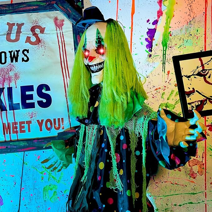 Haunted Hill Farm Lifesize Animatronic Scary Talking Clown with Touch Activated Lights and Sound, Battery-Operated Indoor or Covered Outdoor Halloween Decoration