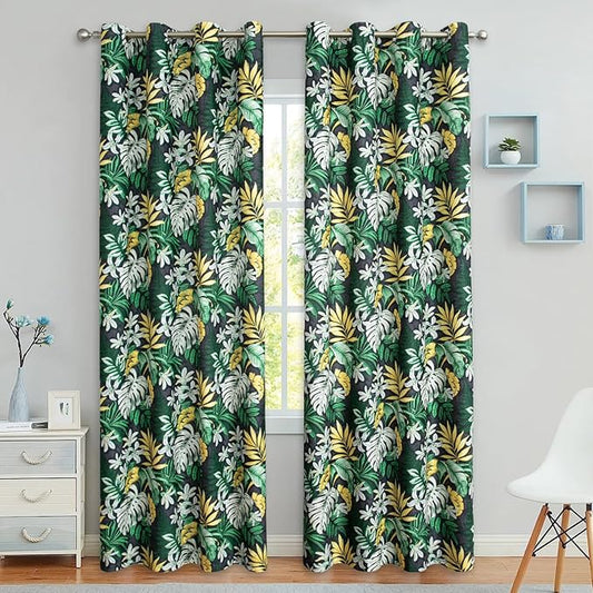 Leeva Chenille Room Darkening Curtains 52 x 84, 2 Panels Grommet Black & Green Tropical Leaves Floral Print Drapery for Bedroom, Living Room
