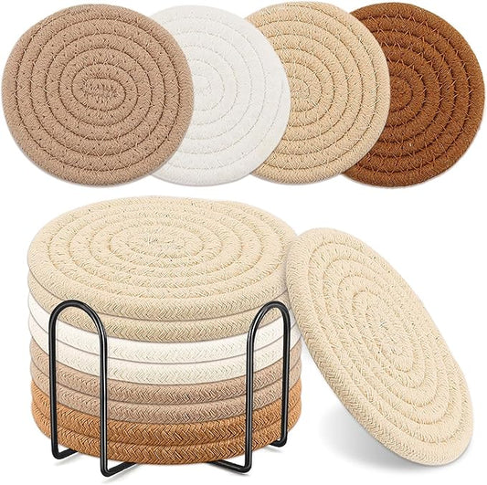 Boho Coasters Set of 8 for Drinks,4 Colors Absorbent Drink Coasters with Metal Holder, Cotton Woven Coaster, Minimalist Cup Coaster Set for Home Decor,Table Protection, Housewarming Gift (4.3 Inch)