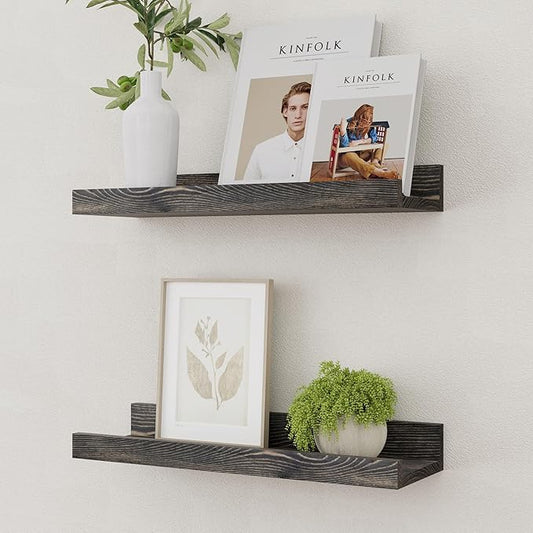 Picture Ledge Shelf, Solid Pine Wood Rustic Floating Shelves for Wall, 16 Inch Floating Shelves with Lip for Bedroom Kitchen Living Room Nursery Display Wall Decor, Set of 2 (Grey)