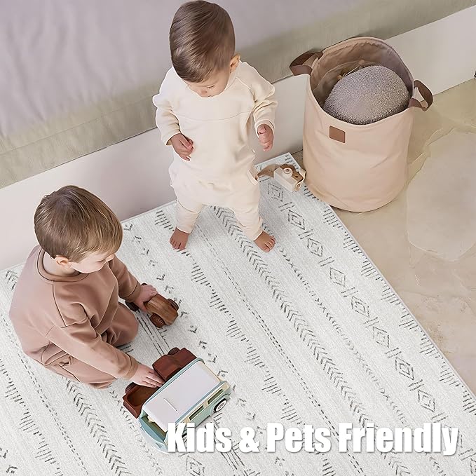 Deerly Large Area Rug, Washable 9x12 Area Rug, Boho Rug for Living Room, Moroccan Rug Farmhouse Washable Rug with Non-Slip Backing, Neutral Morden Indoor Carpet for Bedroom Dining Room, Light Grey