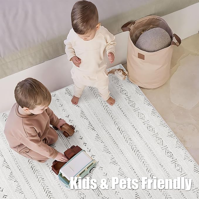 Deerly Large 8x10 Area Rugs for Living Room, Moroccan Rug 8x10 Boho Farmhouse Washable Rug with Non-Slip Backing, Neutral Morden Indoor Carpet for Bedroom Dining Room, Light Grey