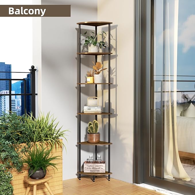 6 Tier Corner Shelf, Bookcase for Small Spaces, Corner Display Shelf, Plant Stand, Rustic Brown and Black,Suitable for Bedroom,Living Room,Kitchen