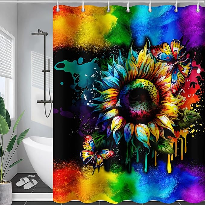 AILONEN Sunflower Shower Curtain, Watercolor Flower Rainbow Decoration,Polyester Fabric,Waterproof with 12 Plastic Hooks Shower Curtains Washable, 72" W x 96" H