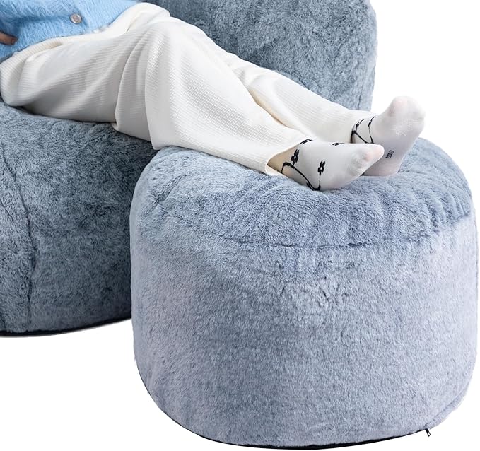 HollyHOME 15"(H) Bean Bag Round Ottoman Pouf, 6.6LB Memory Foam Filled Footstool for Sofa, Accent Stuffed Footrest Stool with Washable Cover, Single Footrest Stool for Living Room, Bedroom, Blue Gray