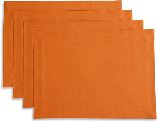 Solino Home Linen Placemats Set of 4 - Persimmon Orange Placemats 14 x 19 Inch - 100% Pure Linen Table Place Mats for Summer, Fall - Fete