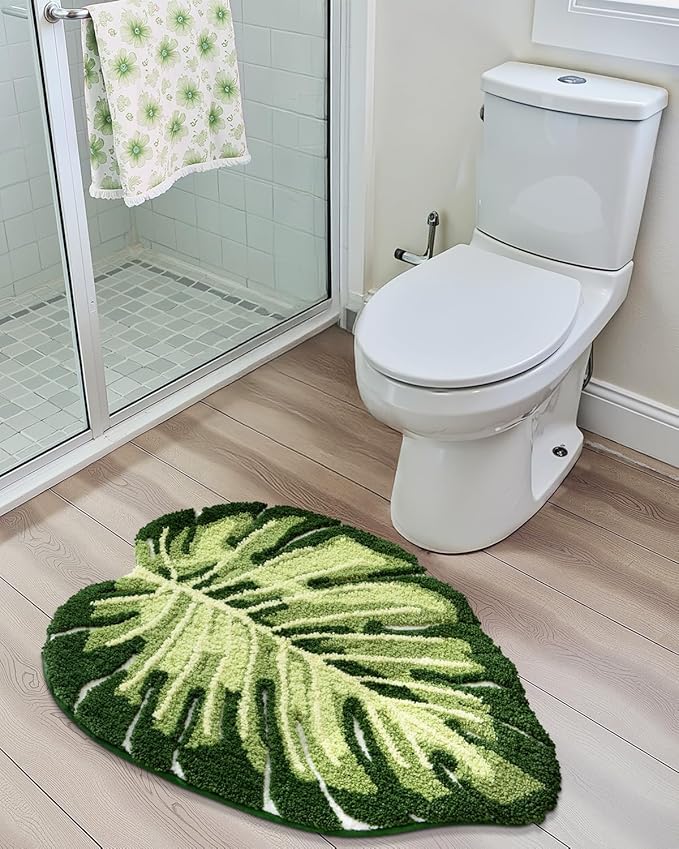 LUMI Cute Bathroom Rugs with Green Leaf Plant, Soft, Fluffy, Plush, Absorbent, Quick Dry, Non Slip, Machine Washable for Shower Floor, Bathroom, Bedroom,Kids Room, 23.5"x31.5", Monstera