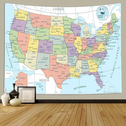 TOMOZ US Maps Classical Country Interior Decor, Educational Wall Hanging for Kids Student Bedroom Living Room 80 x 60Inch