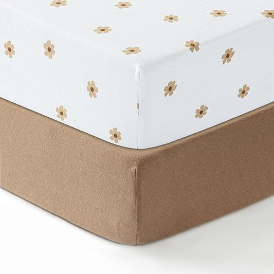Mini Crib Fitted Sheet, 100% Cotton Knitted Jersey, Pack n Play Sheet, Breathable, Fitted Crib Sheets, Super Soft, Toddler Fitted Sheet,2 Pack,Brown/Flowers, 38x24x6